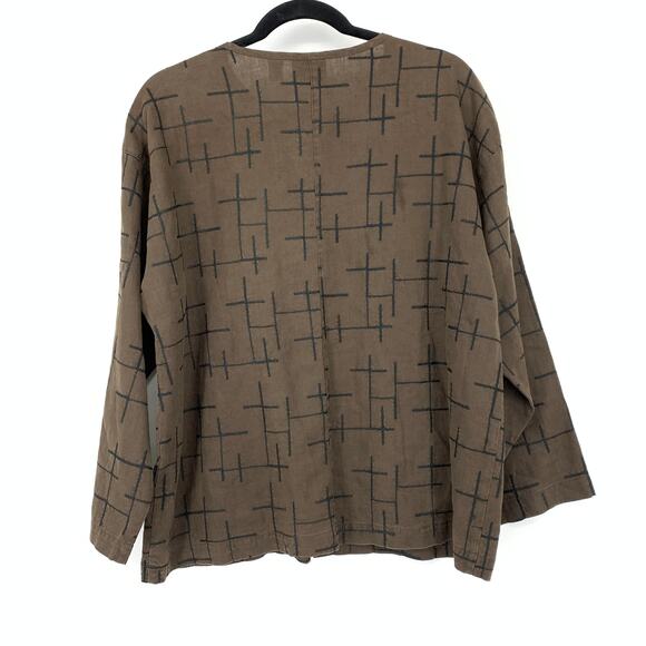 Chicos Shirt Jacket Womens Sz 2 US L Brown Linen Embroidered Line Design - Picture 2 of 5